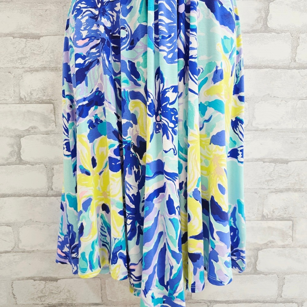 Lilly Pulitzer XS Blue White Striped Floral Tropical V-Neck Cross Back Dress - Picture 5 of 11